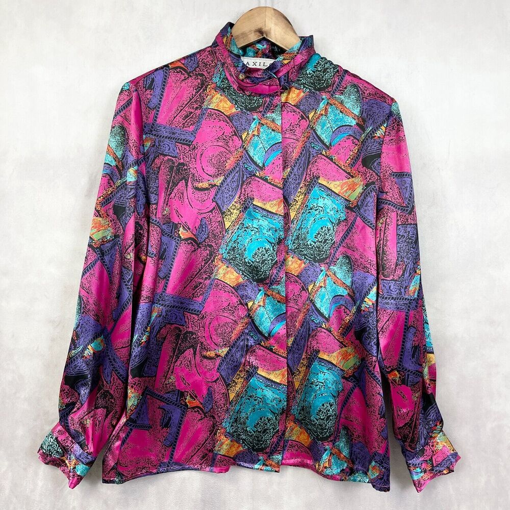Vintage Maxilou Womens Blouse Size 8 Satin Vibrant Dopamine‎ Colorful Statement